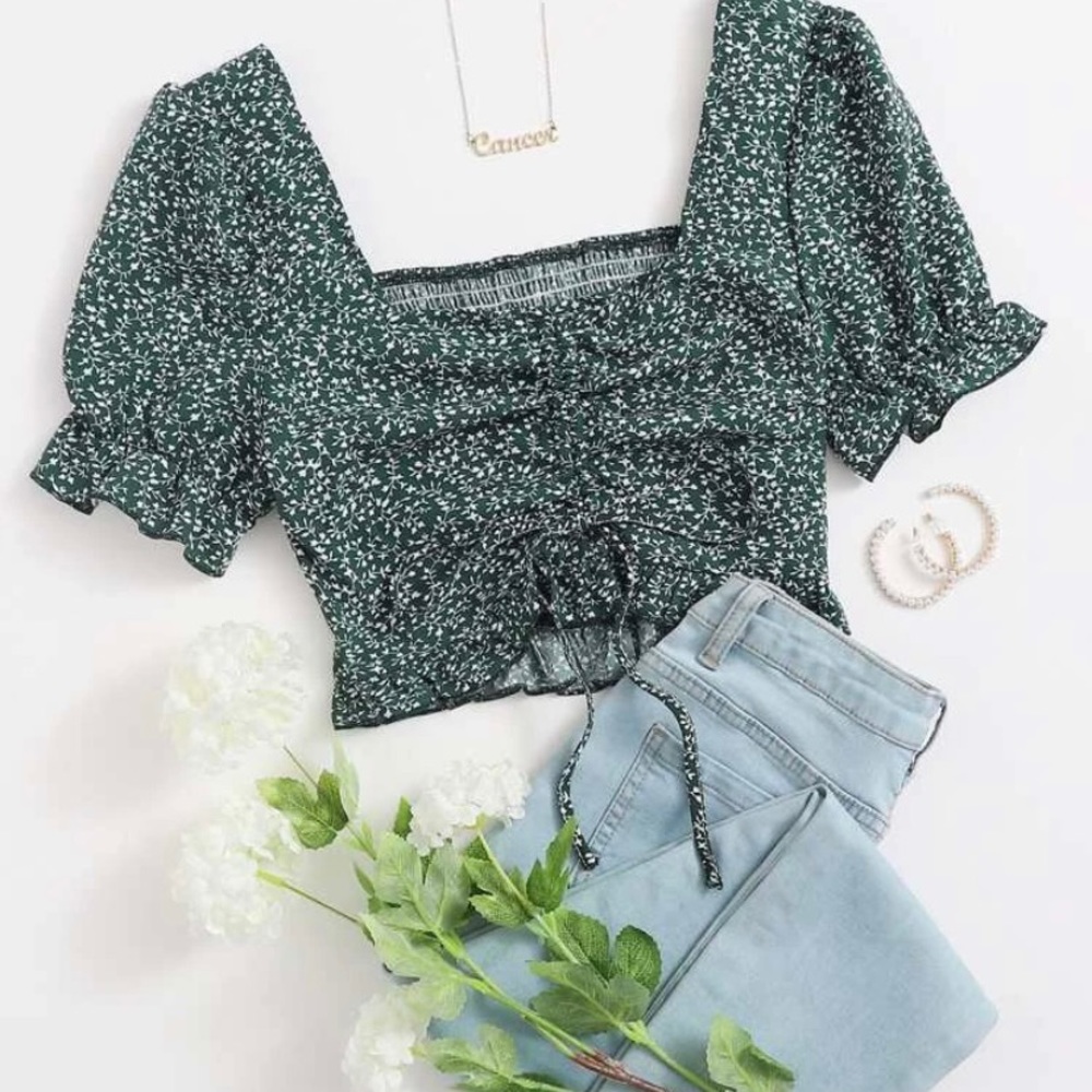 Drawstring Front Shirred Puff Sleeve Top